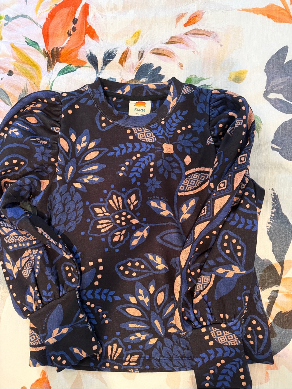 FARM Rio Navy Floral-Print Puff Sleeve Sweatshirt